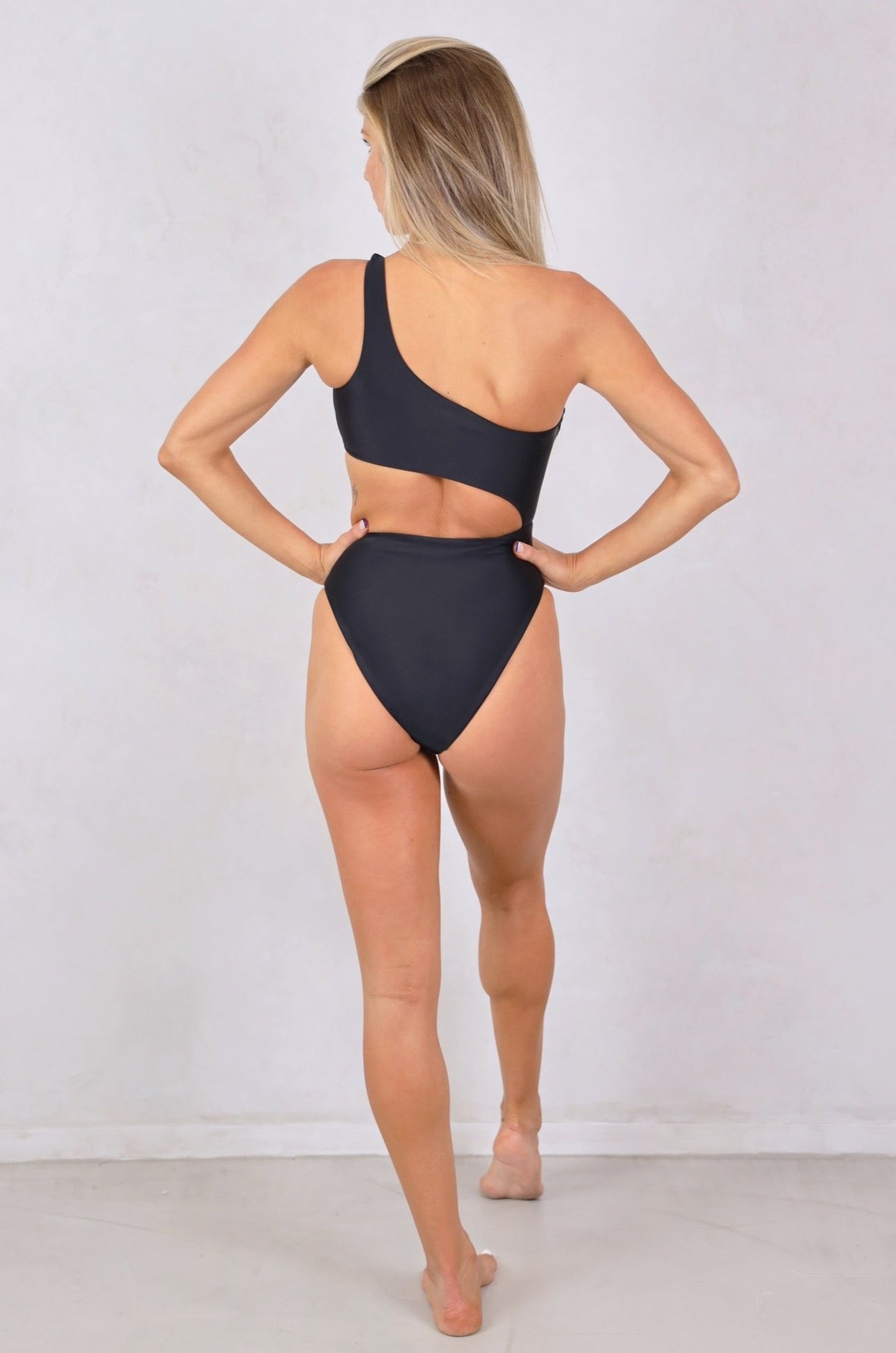 Black One Shoulder Open Cut One Piece Swimsuit